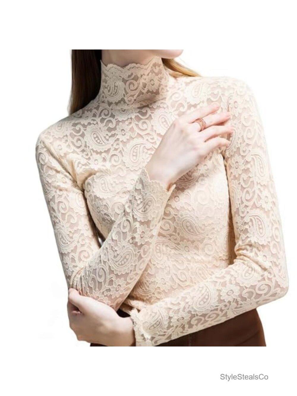 Slim Fit Long Sleeve Turtleneck Mesh Lace See-Through Party Top
